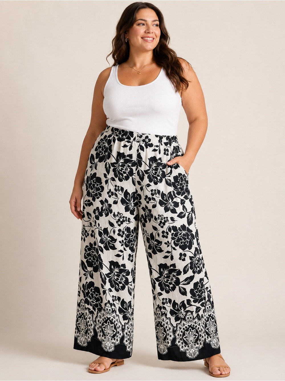 Draper James Wide-Leg Pants Women XXL Black White Like New Floral Linen Blend
